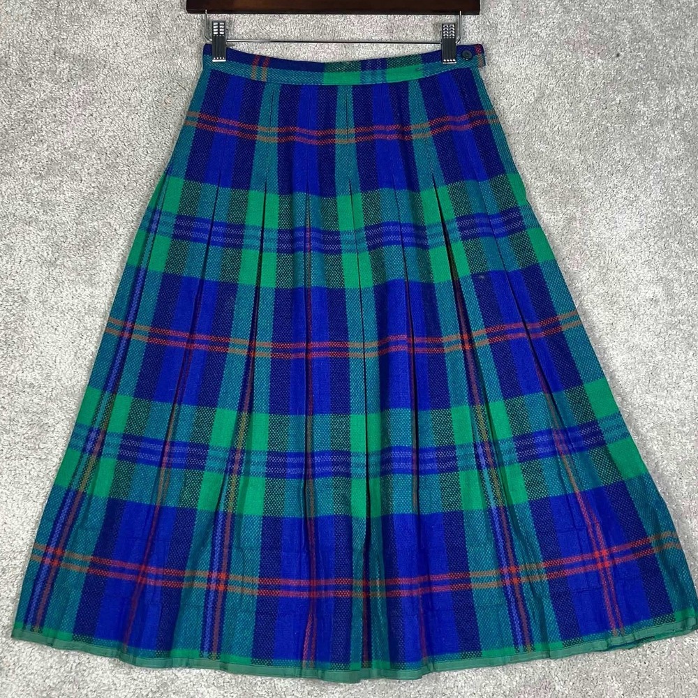 Vintage Koret of California Plaid Midi Skirt Womens Blue Green Pleated 26x27